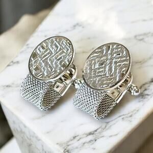 VTG Anson Cufflinks Mens Silver Tone Wraparound Mesh Detachable Locking Signed